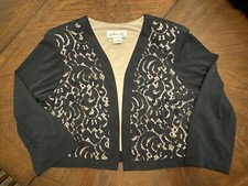 Jessica H New M Black/beige Lined Lace Stretch Open Front Short Jacket