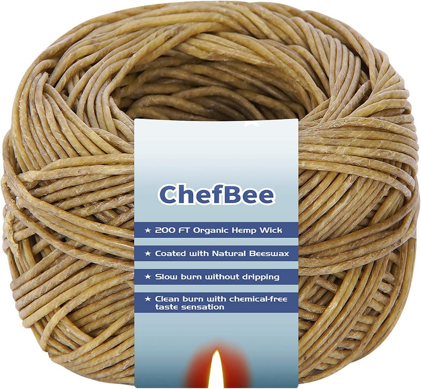 CHEFBEE 200 FT Organic Hemp Wick Well Coated Natural Beeswax for Hemp Wick Light