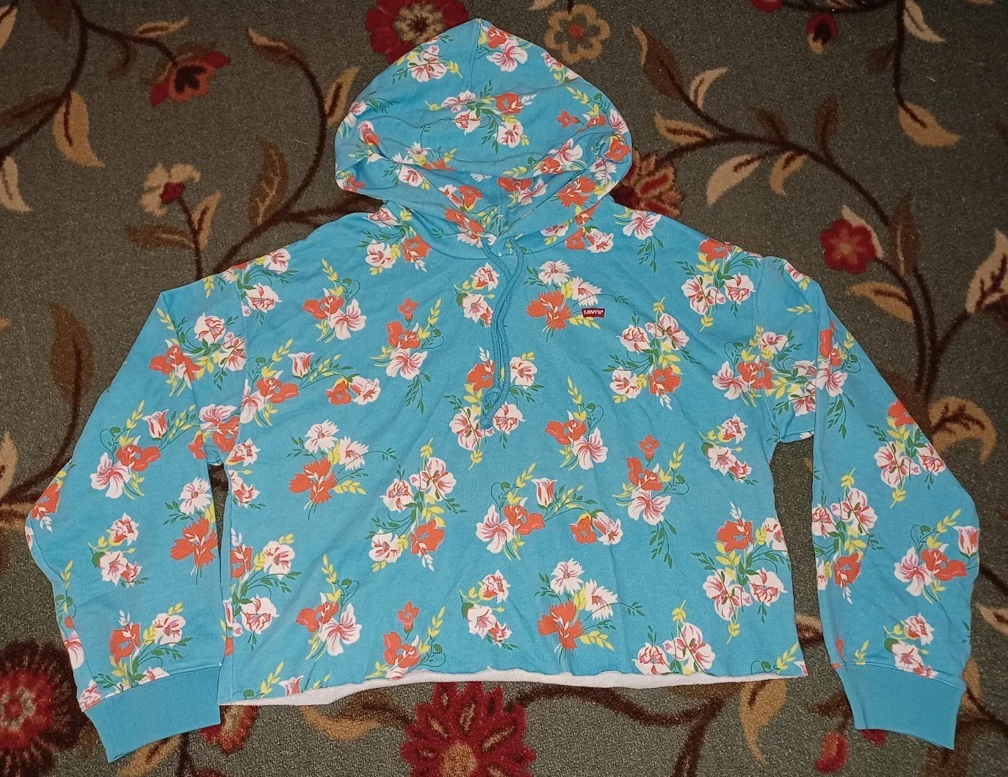 Levis Womens Hoodie Floral Cropped Blue Sweatshirt Raw Edge Cut