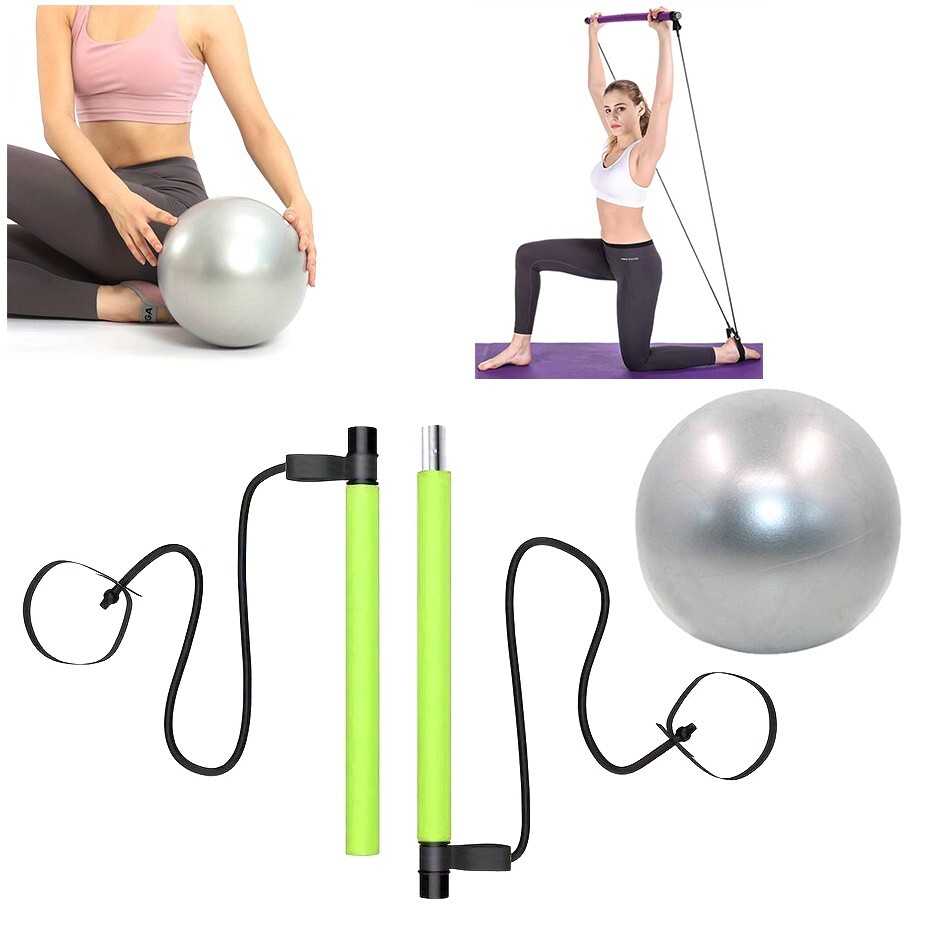 Green PILATES BAR Silver YOGA BALL -SCULPT Bar, FITNESS Stick, Bum, Arms,  Legs