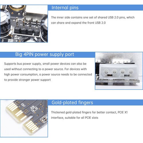 Carte d'extension HUB PCIE vers USB2.0 adaptateur Moschip alimentation 4 broches - Photo 4/15