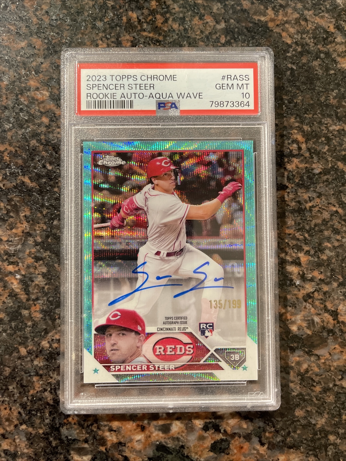 2023 Topps Chrome Spencer Steer #RA-SS Aqua Wave Auto /199 Rookie Reds PSA 10