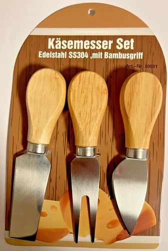 Käsemesser 3er-Set EDELSTAHL Holzgriff Messer Käse Gabel Bambus