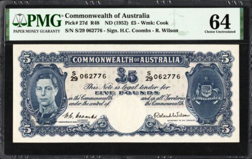 Australia 5 Pounds P27d R48 1952 Coombs Wilson PMG64 Choice UNC Banknote RARE - Picture 1 of 4