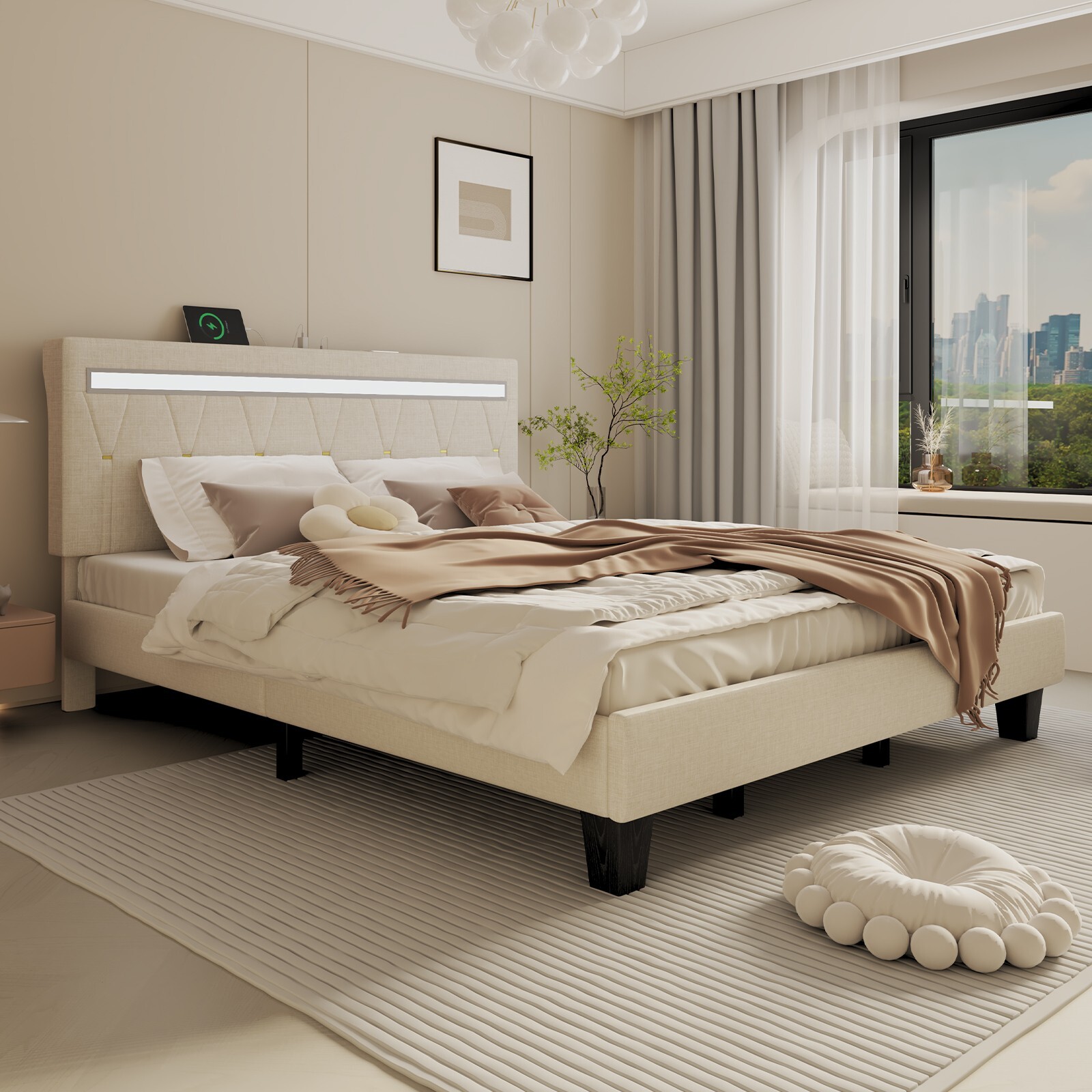 Bed Frame Full/Queen/King Size with LED Lights and Charging Station-image