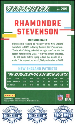 2023 Donruss Rhamondre Stevenson New England Patriots #209 - Picture 2 of 2