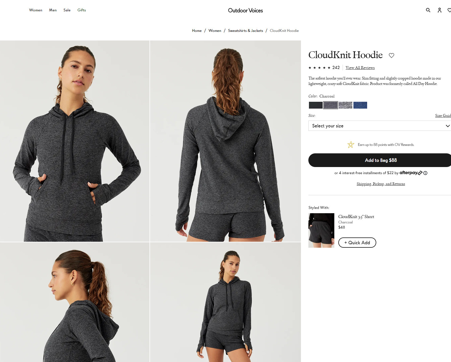Outdoor Voices Women's All Day CloudKnit Hoodie Pullover Sweater S Charcoal Gray