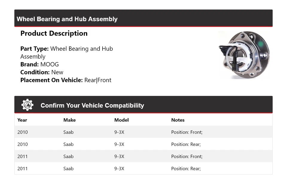 Conjunto de cojinete de rueda y buje MOOG para Saab 9-3X 2010-2011 Foto 2 de 4