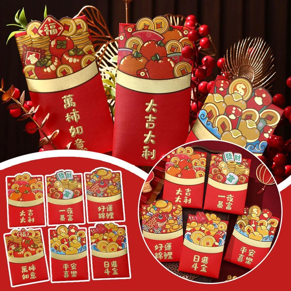 6pcs Chinese Lunar New Year Red Envelopes With Dragon Theme For 2024