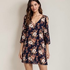 Lulus Chiffon Shift Dress Small Navy Floral Cold Shoulder V Neck Boho