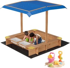 Wooden Sandbox with 2 Plastic Boxes Outdoor Sand Box with Adjustable Canopy