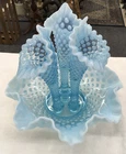 Vintage Fenton Blue 3 Horn Epergne Opalescent Blue Hobnail Glass 9” H