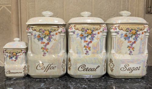 Vintage~Victoria Czechoslovakia Pearl Lusterware China 4 Piece Canister Set🩷🤍