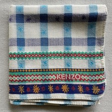 VTG Handkerchief Fabric Woven Check White Blue with Snowflake Pocket Square 18"