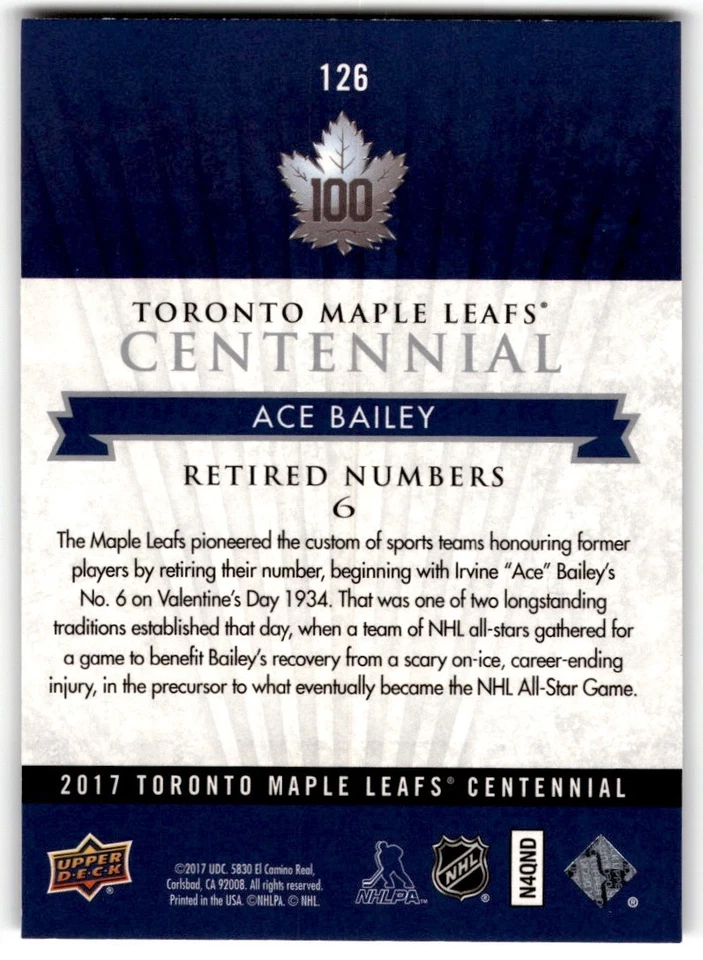 Ace Bailey 2017-18 Upper Deck Toronto Maple Leafs Centennial SP #126 - Image 2 of 2