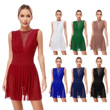 Womens Shiny Rhinestone Figure Skating Costume Backless Lyrical Ballet Dress