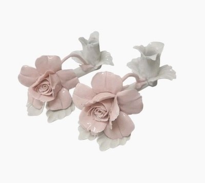 Vtg Capodimonte Nuova Candle Holders Pink Rose Italy Set Of 2 Porcelain 6''