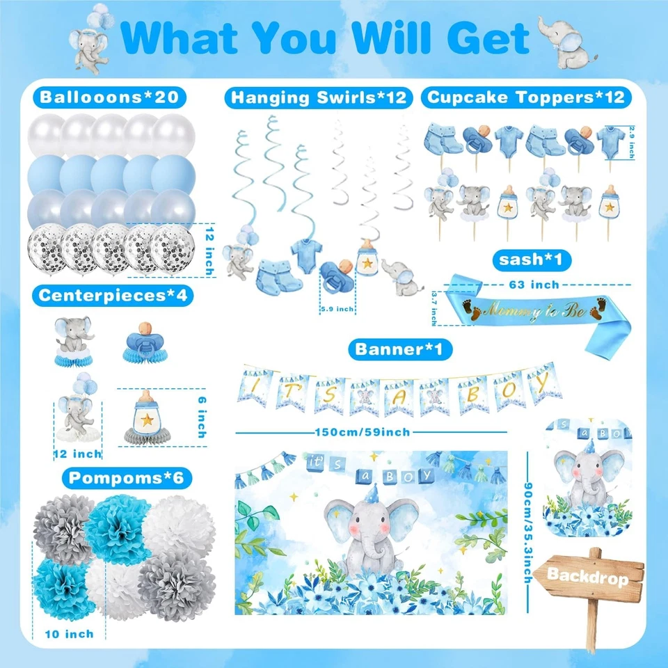 Elephant Baby Shower Decorations for Boy Blue Party Supplies - Image 3 of 4