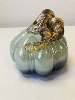 Glass Pumpkin, Hand Blown Art Sage & Purple Curled Glass Stem 4.5  tall X 4.5'' W