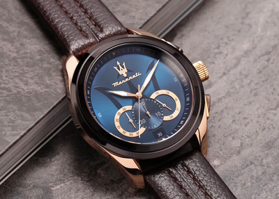 Maserati Men's Watch Chronograph Leather Strap Blue Dial Gold