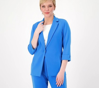 Susan Graver LK Fusion 3/4 Sleeve Cutaway Hem Blazer Cabana Blue L New