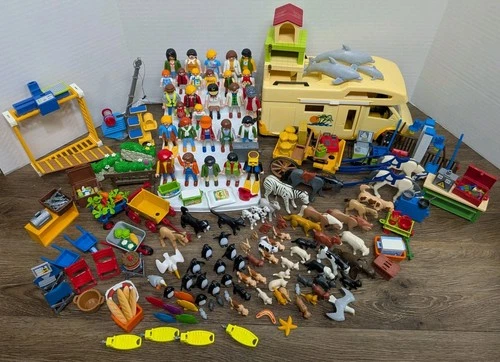 Huge Lot of Vintage Playmobil Figures Accessories Wagon Animals RV Food Toys