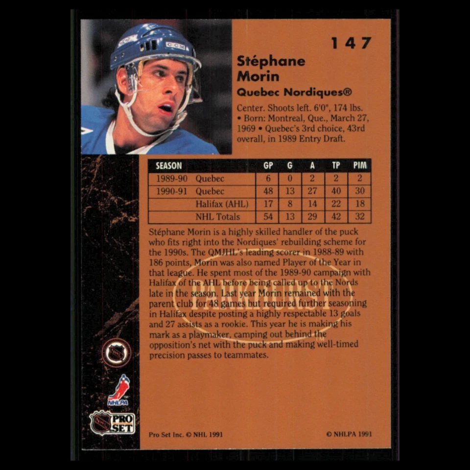 Stephane Morin #147 1991 Parkhurst Quebec Nordiques Hockey Card NHL NM - Image 2 of 3