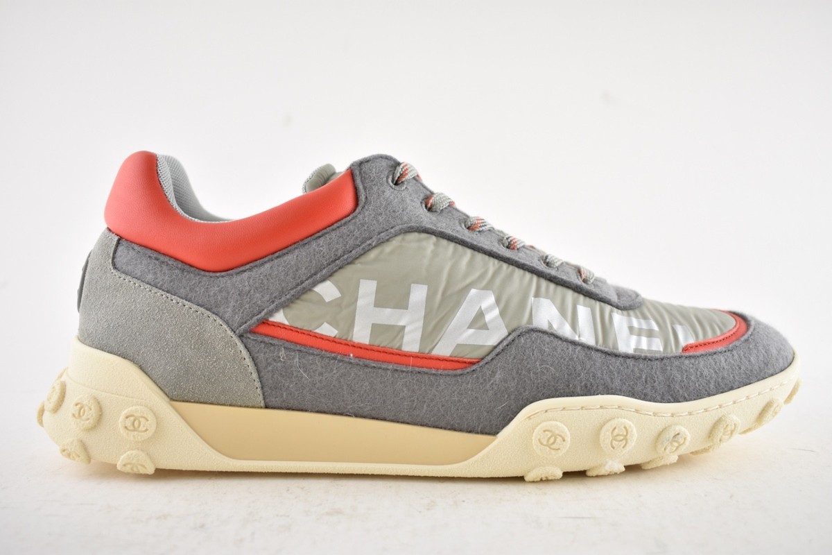 Chanel Mens 18K Grey Orange Nylon CC Logo Lace Up Low Top Trainer
