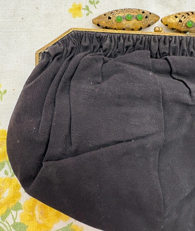 Art Deco 1930s Black Fabric Handbag Brass Frame Green Glass Cabochons NRA - Image 2 of 4