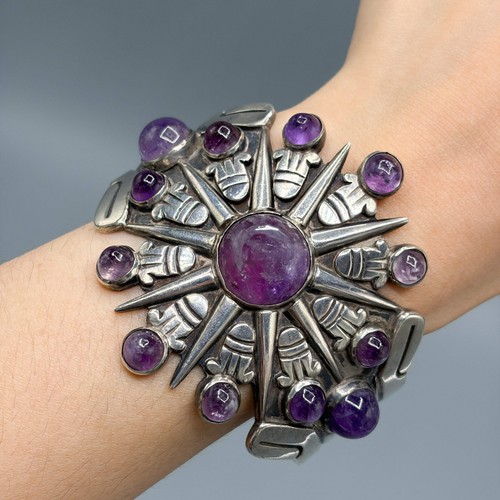 Estate Sterling Silver William Spratling Aztec Sunburst Cuff Bracelet with Ameth