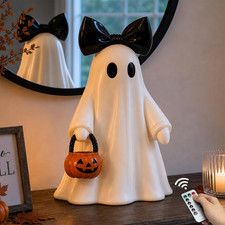 14 in Large Lighted White Ghost Figurine with Pumpkin Lantern Remote Timer