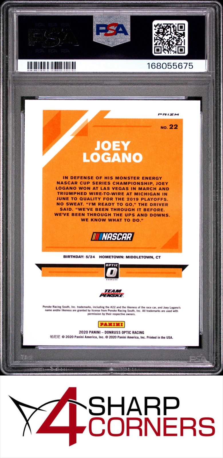 2020 PANINI DONRUSS RACING OPTIC HOLO PRIZM #22 JOEY LOGANO POP 1 PSA 10 view 2
