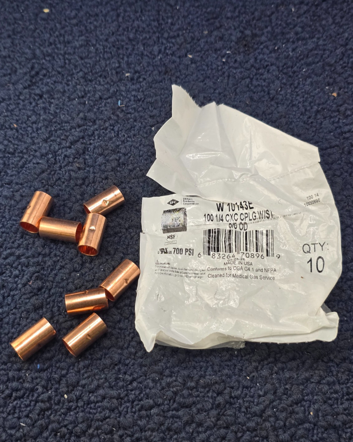 (QTY 8) Elkhart W10143E 1/4" Sweat C x C Wrot Copper Couplings with Staked Stop