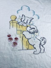 Vintage Embroidered Puppy  Kitten Crib Sheet Nursery Cottage Core Baby Bedding