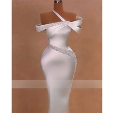 Pearls Wedding Dresses Halter Beads Satin Mermaid Gowns Off The Shoulder Pleated