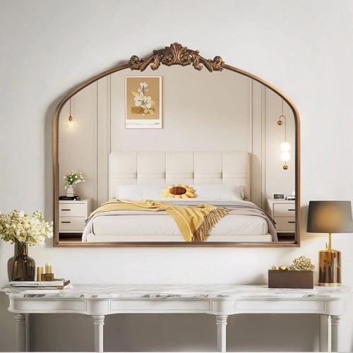 Gold Wall Mirror, Large Arched Vintage Baroque Ornate Mirrors, Traditional Decor