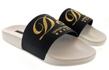 Dolce & Gabbana Men's Black & White Logo Slides Gold Embroidery Luxury Hotel