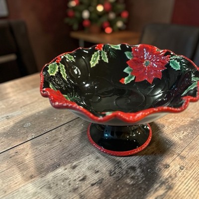 Beautiful Christmas 11'' Serving Dish Cookie Plate Poinsettias and Swirls New