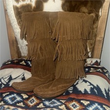 Minnetonka 1638 Women s Brown Suede 3-Layer Fringe Mid-Calf Pull-On Boots 11