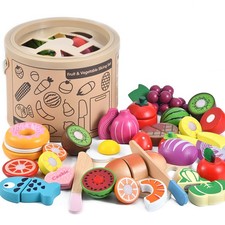 43 Pcs Wooden Play Food for Kids Play Kitchen Accessories Playset with Basket...