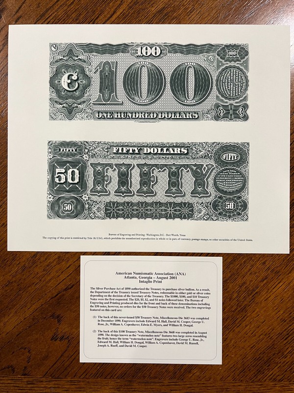 BEP Intaglio Print Souvenir Card B255 - Mint Numismatic "Money" Card $50 & $100