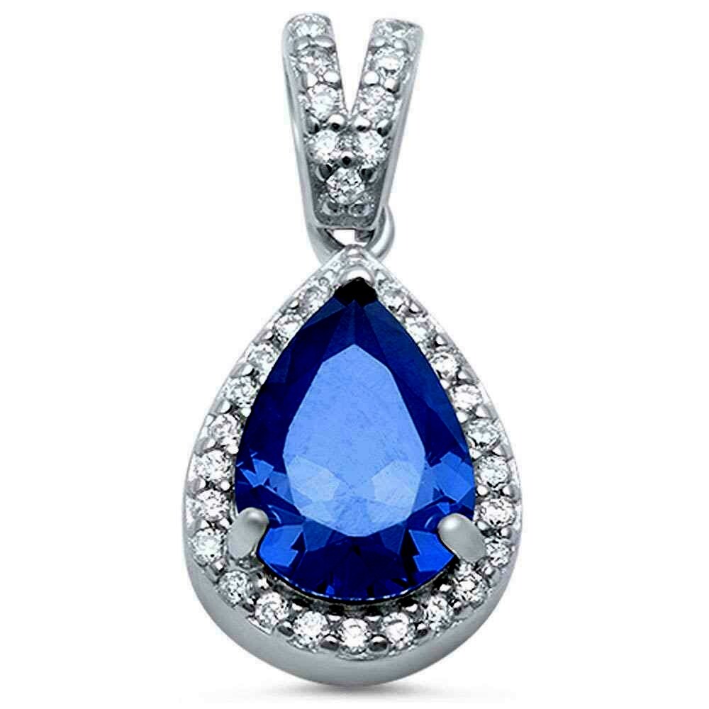 Lab-Created Blue & White Sapphire Halo Pear Pendant - Solid Sterling Silver