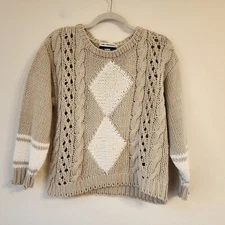 Herman Geist Cotton Blend Cable Knit Fisherman hand Knit Sweater Women Sz L