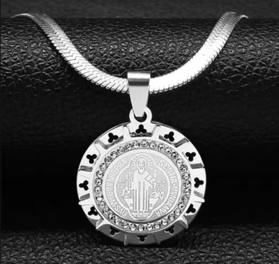 St Saint Benedict  Medal Round Pendant Necklace Stainless Steel San Benito CZ