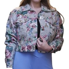 Kikomo Vintage Blue Jean Jacket Floral Cottagecore Ramie VTG Cropped Cotton 90's