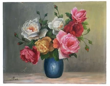 FRENCH POSTIMPRESSIONISM Bouquet of ROSES Blue Vase Oil Painting