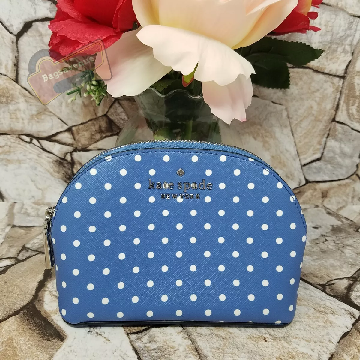 NWT Kate Spade Staci Tea Garden Dot Small Dome Cosmetic Pouch Bag Blue  Polka Dot | eBay