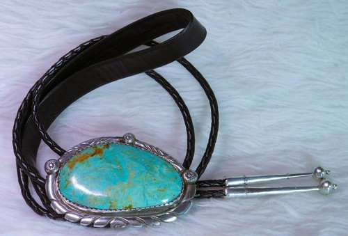 Navajo 3" slab Turquoise Bolo Tie sterling silver