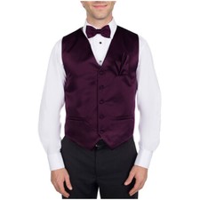 Men's Solid Eggplant Satin Tuxedo Vest Bow Tie  Hanky Set for Formals Weddings