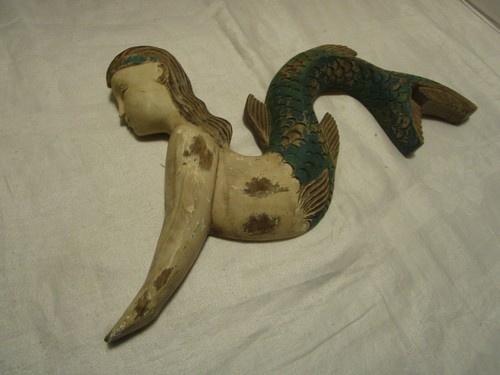 VINTAGE PARETE LEGNO INTAGLIATO SIRENA VERNICE INVECCHIATA invecchiato Filippine 17” W anni '90 - Foto 9 di 10